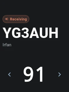 Car mode receiving on a Hytera P50 PoC radio: a "Receiving" chip above a bright lit callsign (YG3AUH, Irfan) and the bare talkgroup number 91