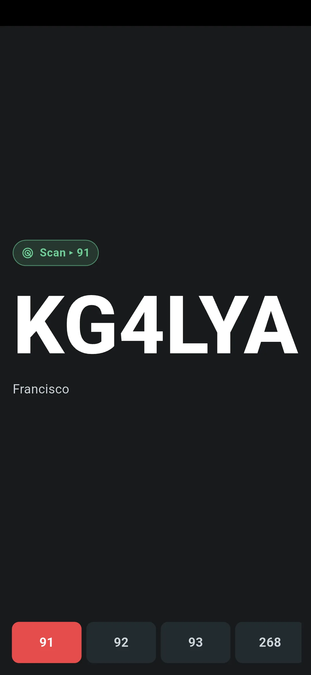 The same car-mode screen with scan armed: a green "Scan ▸ 91" badge above the callsign shows scan is locked onto talkgroup 91, with the favourites rail (91, 92, 93, 268) along the bottom