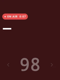 Car mode transmitting on a Hytera P50 PoC radio: a red "ON AIR" pill with a running TX timer (0) on a red screen, the talkgroup number 98 dimmed below