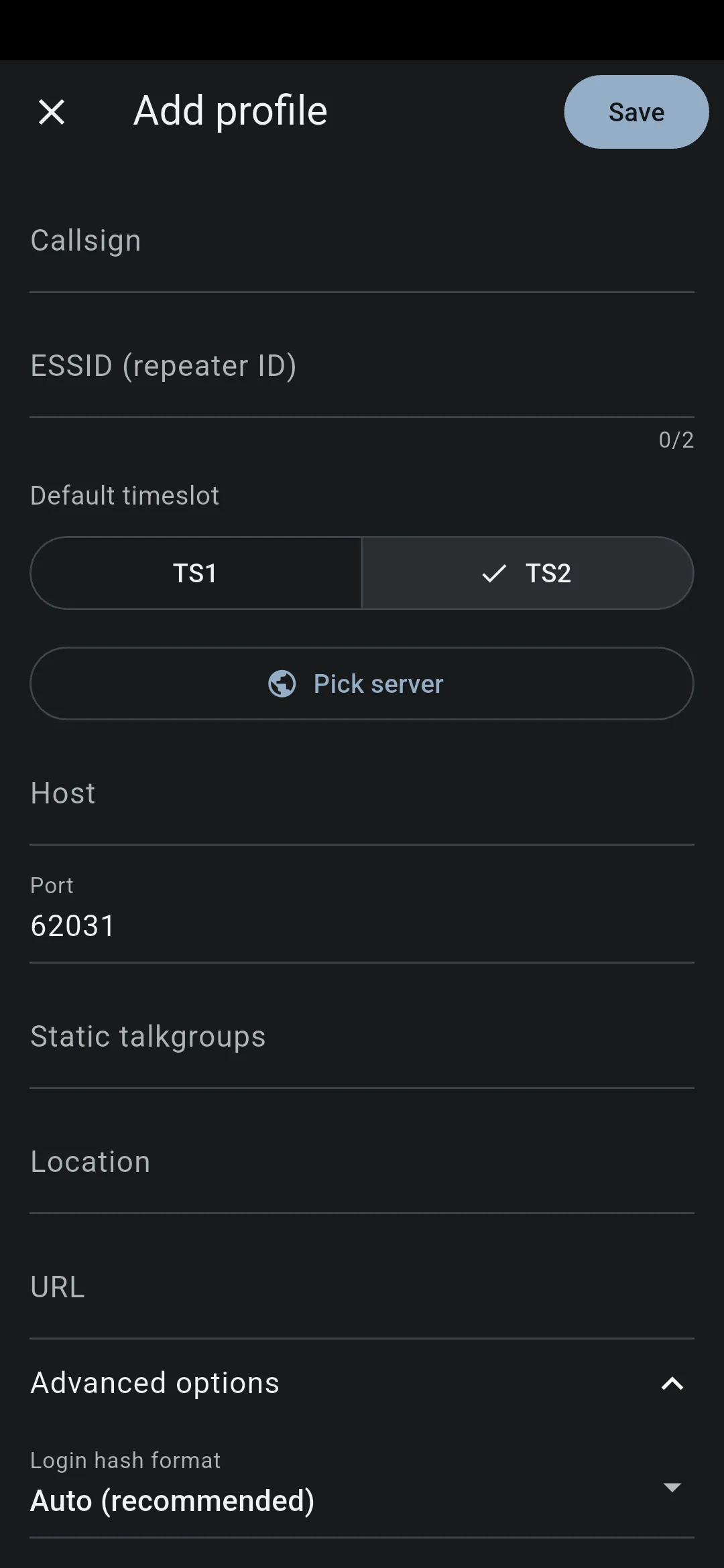 The lower half of the Add-profile form in VoxDMR for Android: ESSID, Default timeslot (TS1/TS2), a Pick server button, Host and Port 62031, Static talkgroups, Location, and URL fields, then an expanded Advanced options section with Login hash format set to Auto (recommended)
