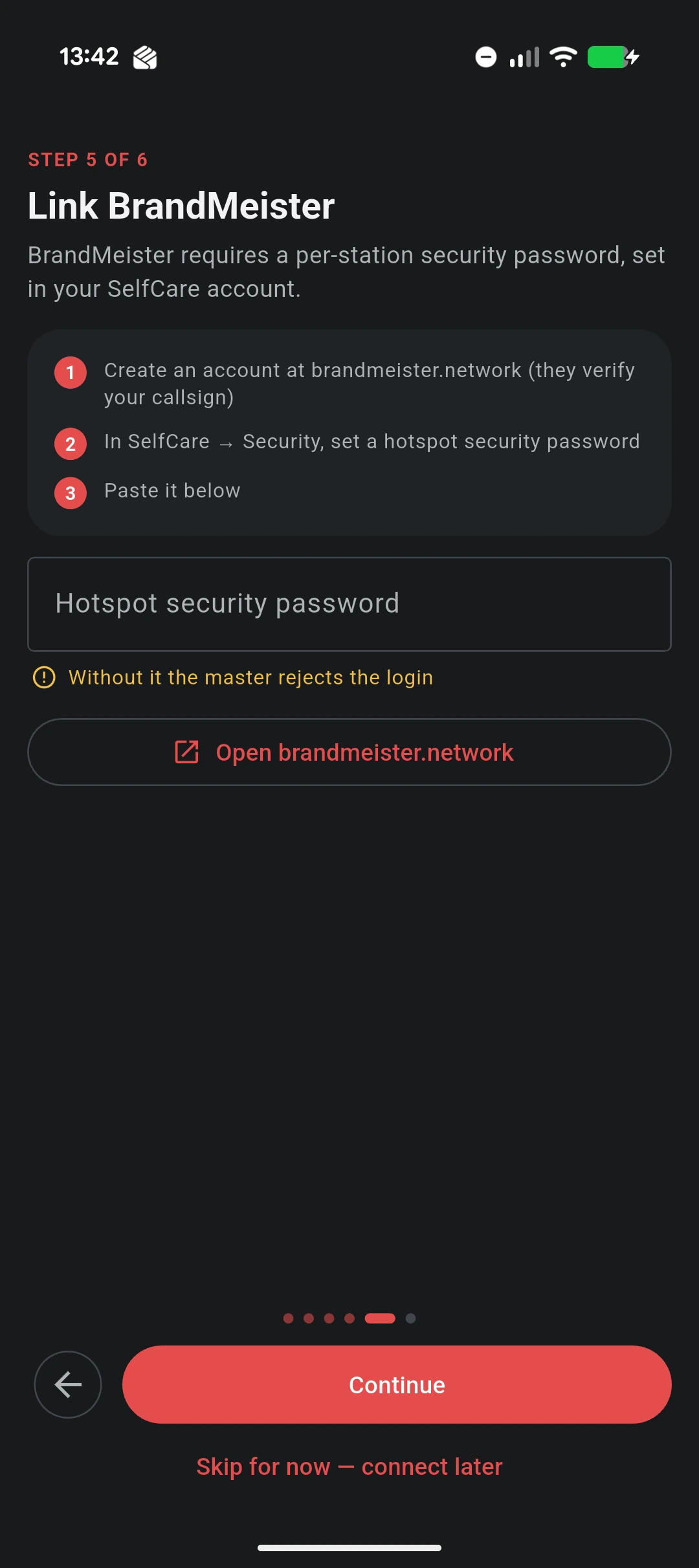 The "Link BrandMeister" step of the VoxDMR Android setup wizard: a numbered three-step recipe — create an account at brandmeister.network, set a hotspot security password in SelfCare → Security, paste it below — above a "Hotspot security password" field, a warning that "Without it the master rejects the login", and an "Open brandmeister.network" button