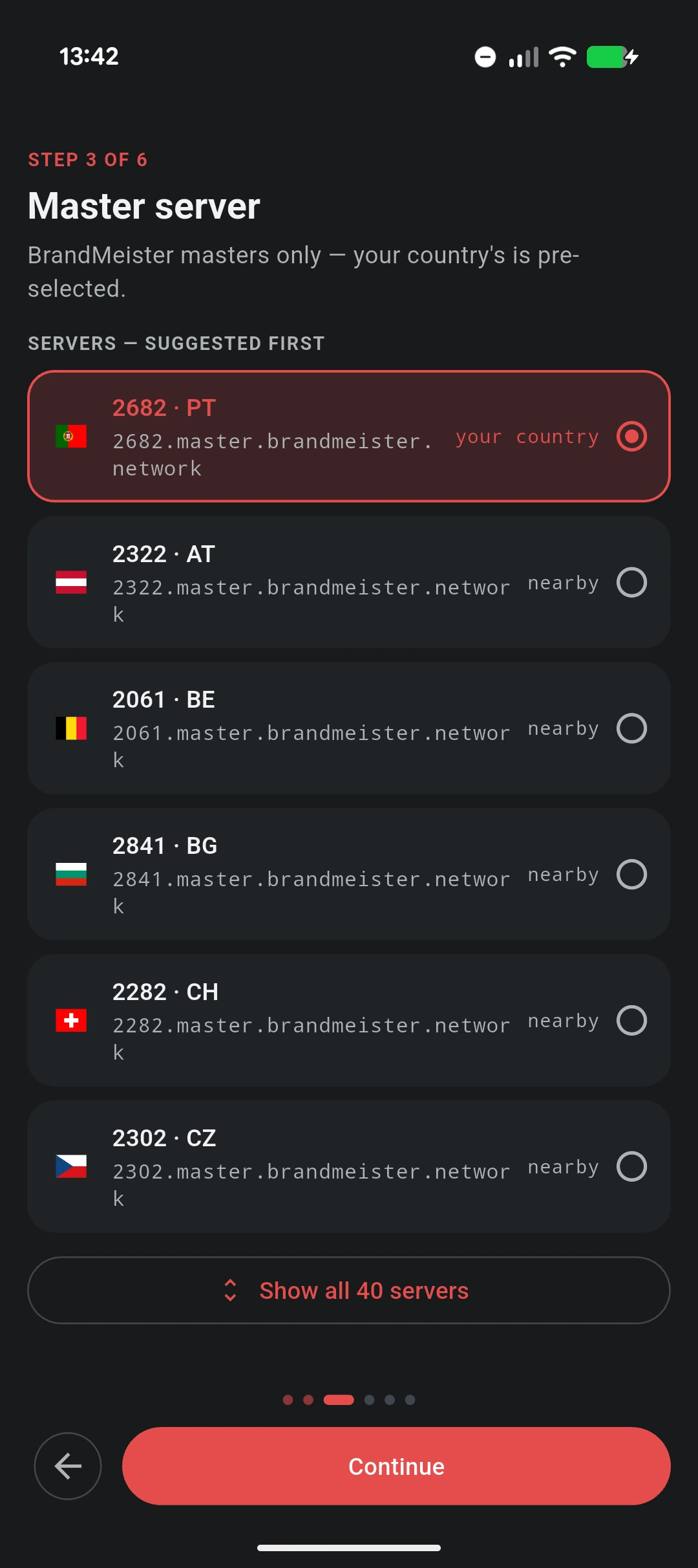 The "Master server" step of the VoxDMR Android setup wizard: a list headed "SERVERS — SUGGESTED FIRST" with 2682 · PT selected and tagged "your country", then 2322 · AT, 2061 · BE, 2841 · BG, 2282 · CH and 2302 · CZ each tagged "nearby", above a "Show all 40 servers" button