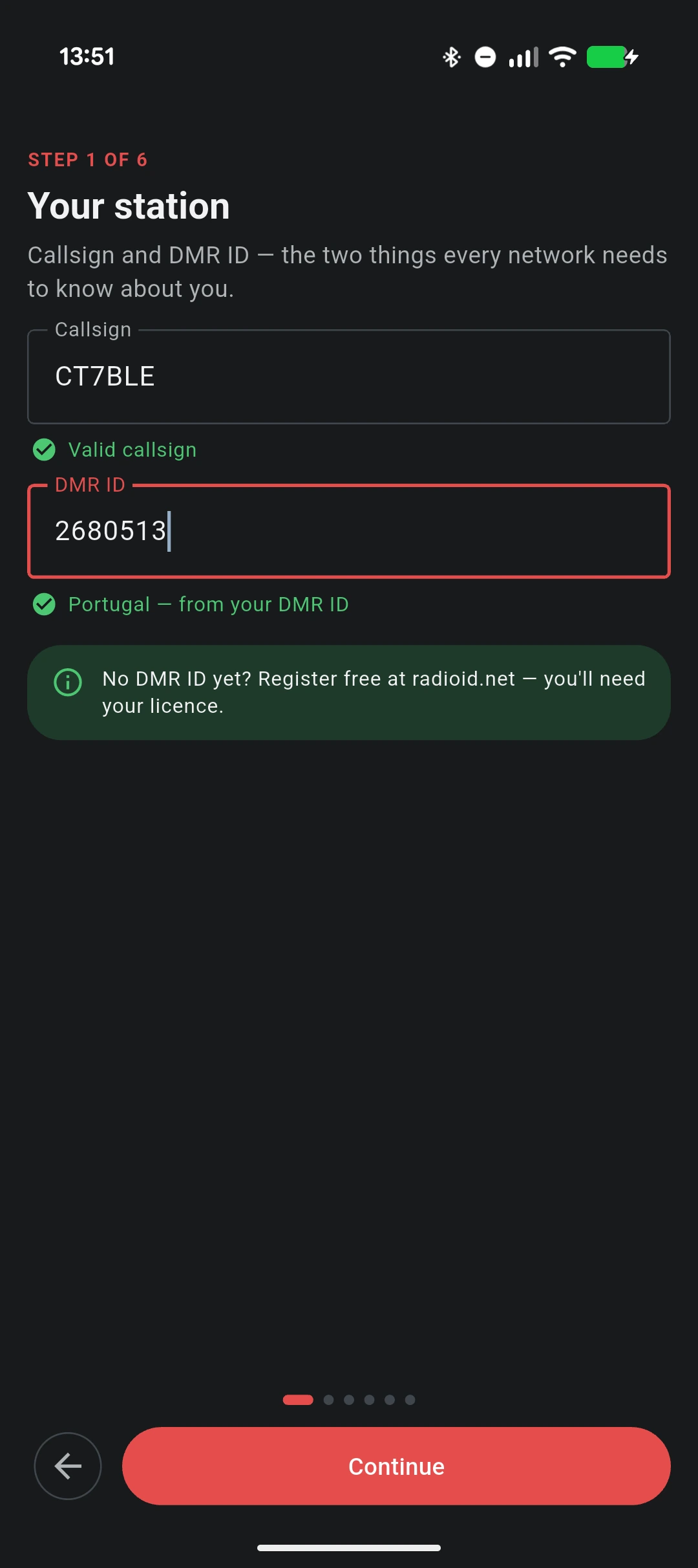 The "Your station" step of the VoxDMR Android setup wizard with the Callsign field reading CT7BLE under a green "Valid callsign" check, the DMR ID field reading 2680513 under a green "Portugal — from your DMR ID" check, and a note pointing at radioid.net