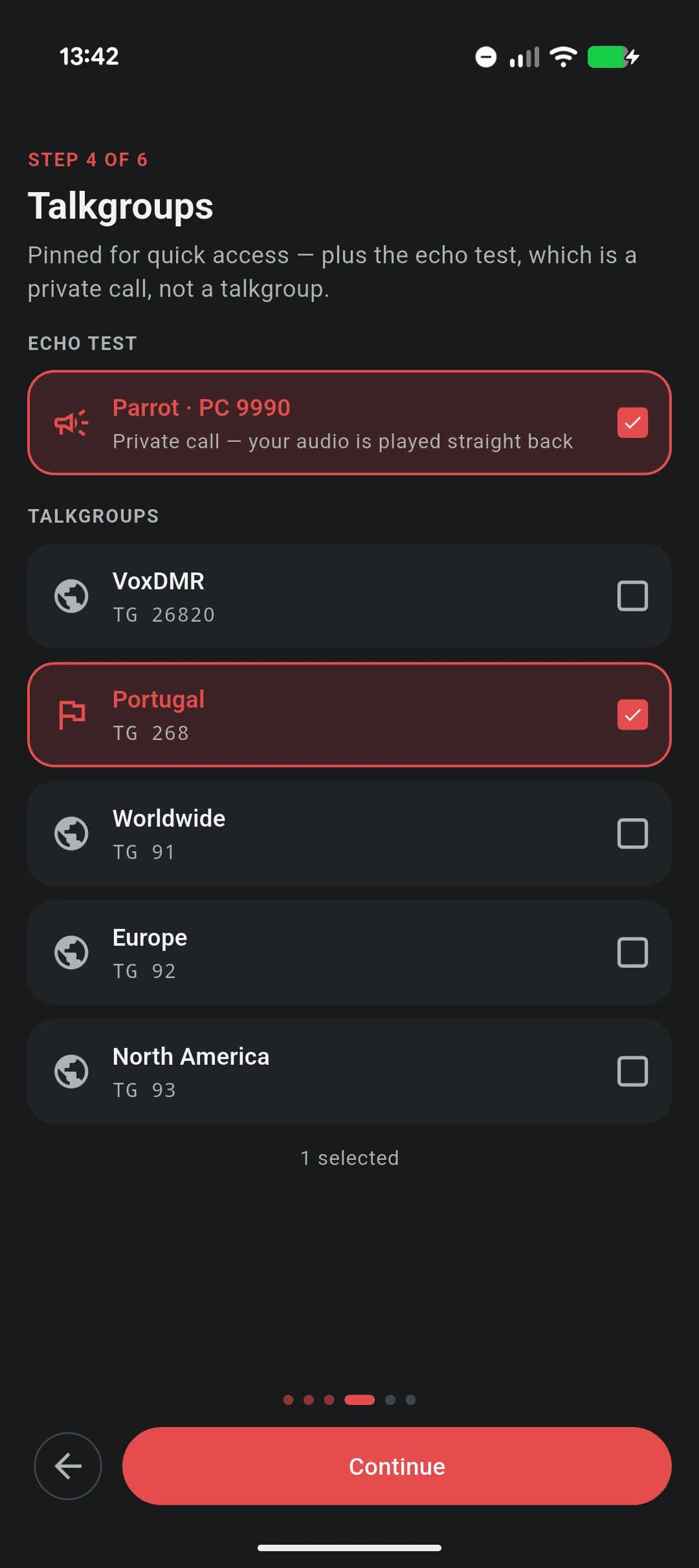 The "Talkgroups" step of the VoxDMR Android setup wizard: an ECHO TEST card with "Parrot · PC 9990" ticked and labelled "Private call — your audio is played straight back", then a TALKGROUPS list with Portugal TG 268 ticked and VoxDMR TG 26820, Worldwide TG 91, Europe TG 92 and North America TG 93 unticked, reading "1 selected"