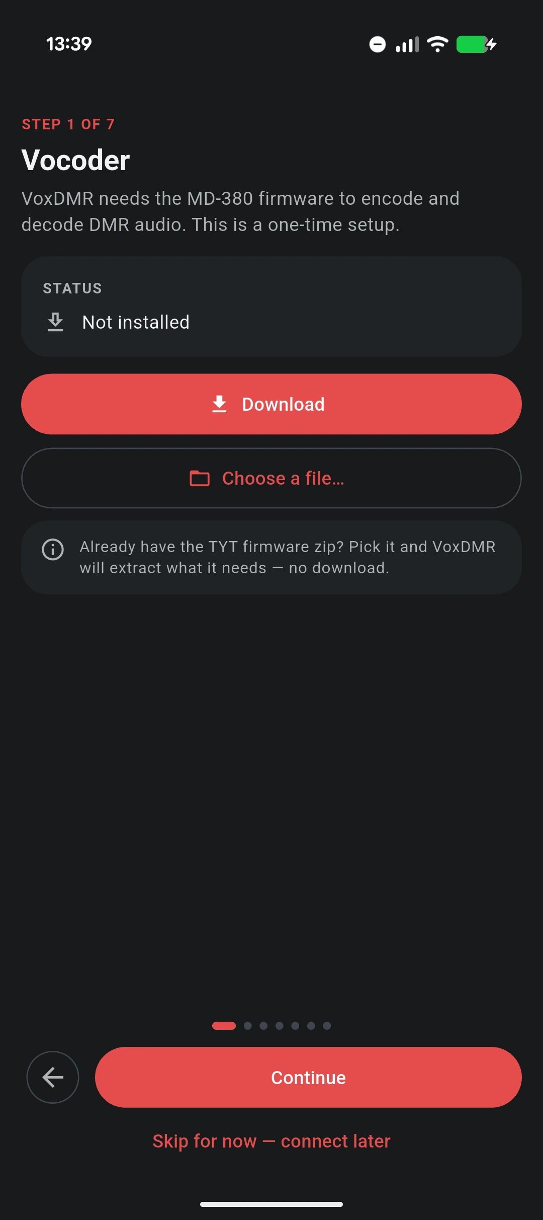 Step 1 of 7 of the VoxDMR Android setup wizard, "Vocoder": a STATUS card reading "Not installed", a red Download button, a "Choose a file…" outline button, and a note offering to extract the firmware from a TYT zip you already have