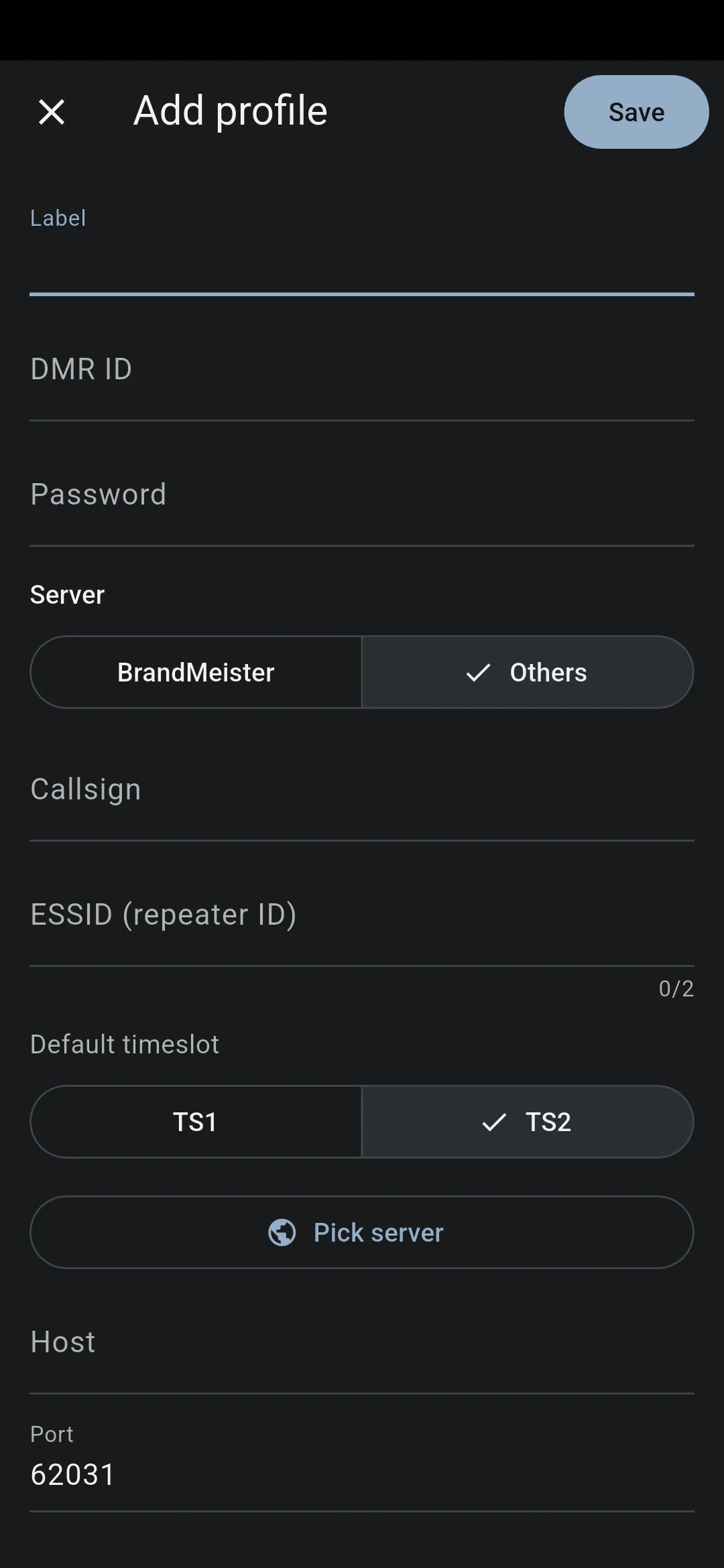 The Add-profile form in VoxDMR for Android with the Others protocol selected, showing the Label, DMR ID, Password, BrandMeister/Others segmented button, Callsign, ESSID, and Default timeslot fields plus a Pick server button
