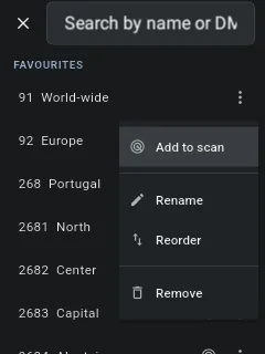 The same picker with the 92 Europe overflow menu open on a Hytera P50 PoC radio: an "Add to scan" item with a radar icon highlighted at the top, above Rename, Reorder, and Remove