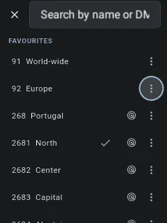 Talkgroup picker on a Hytera P50 PoC radio: the favourites list (91 World-wide, 92 Europe, 268 Portugal, 2681 North, …) with the overflow three-dot button on the 92 Europe row focused, and radar badges on the already-flagged favourites