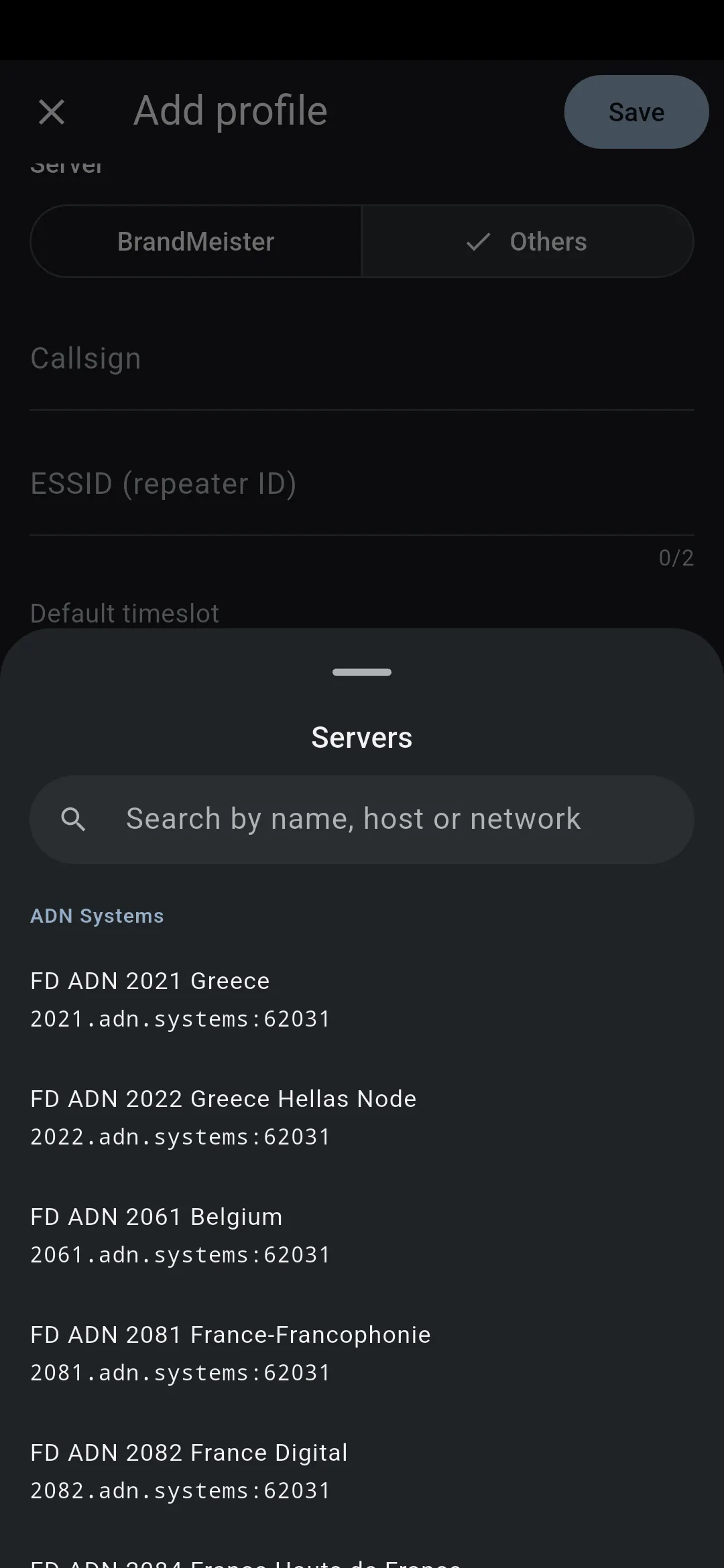 The Servers bottom sheet in VoxDMR for Android: a search box reading "Search by name, host or network" above the Pi-Star directory, grouped under an "ADN Systems" header with entries like FD ADN 2021 Greece and their host addresses