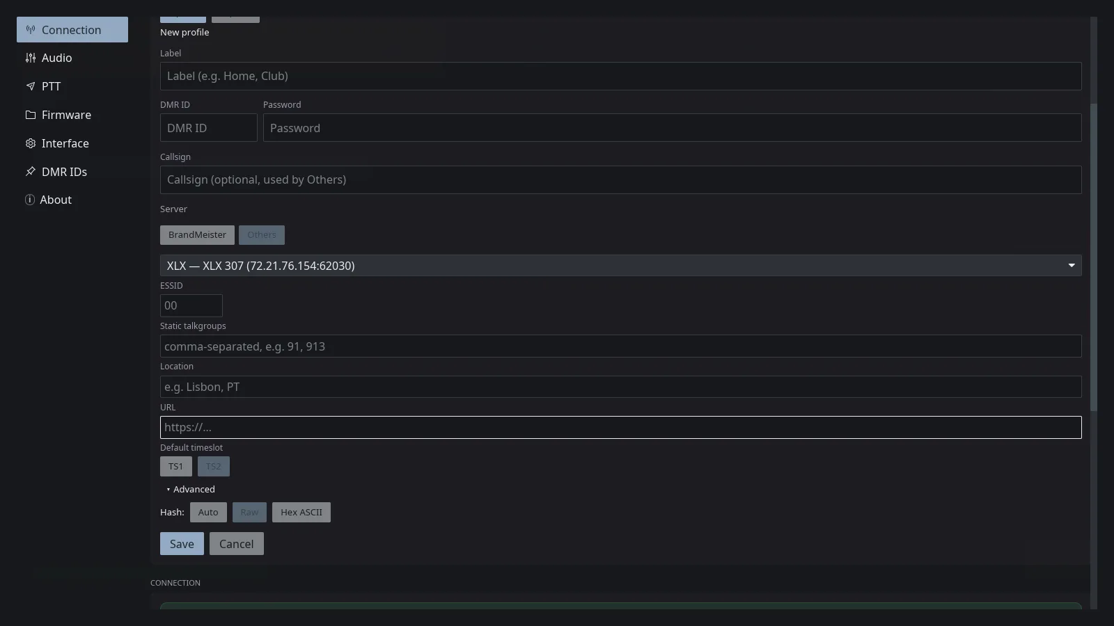 The expanded Advanced section of the VoxDMR desktop profile form, showing the Hash format as three buttons — Auto, Raw, and Hex ASCII — with Auto selected