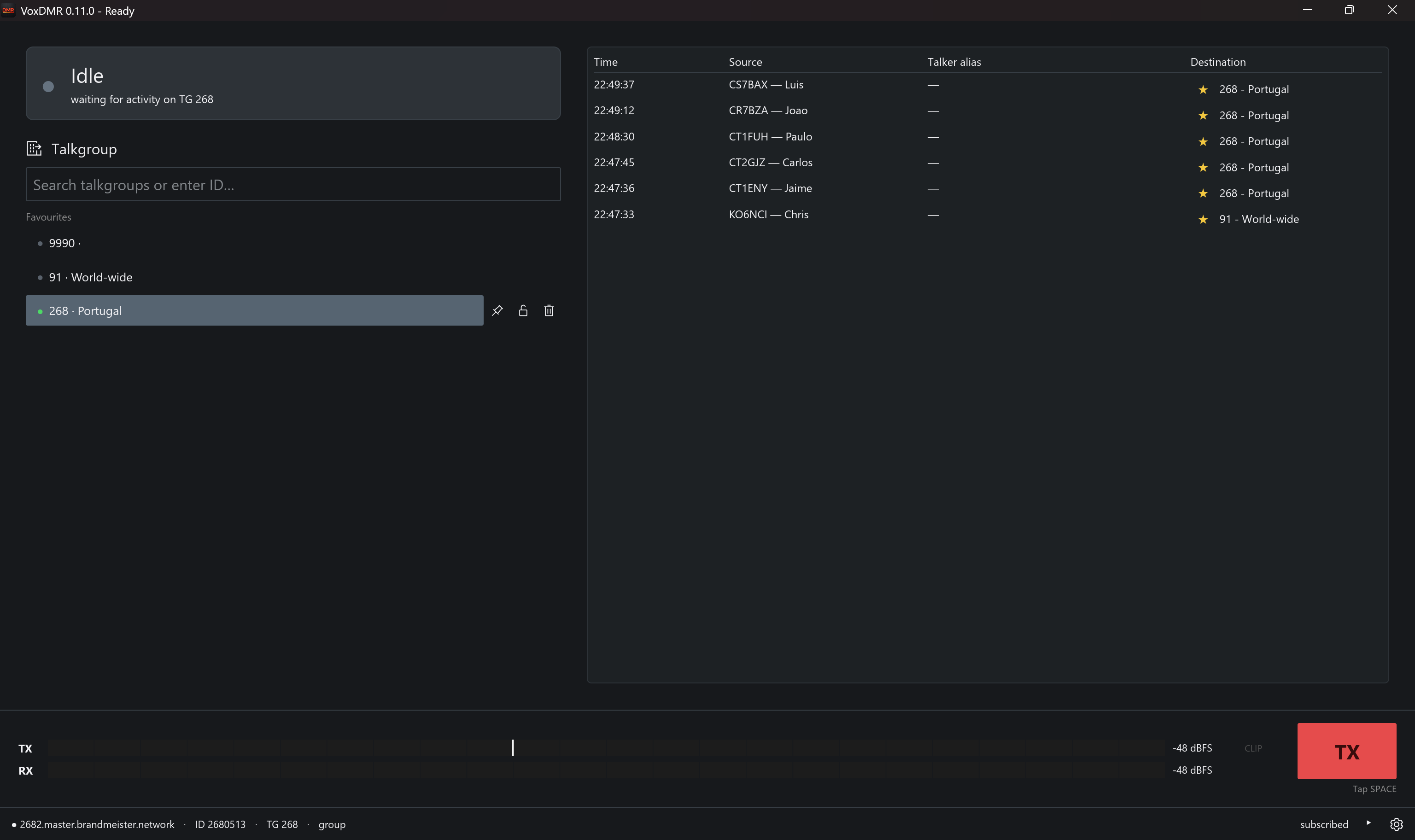 VoxDMR desktop window connected and ready to transmit