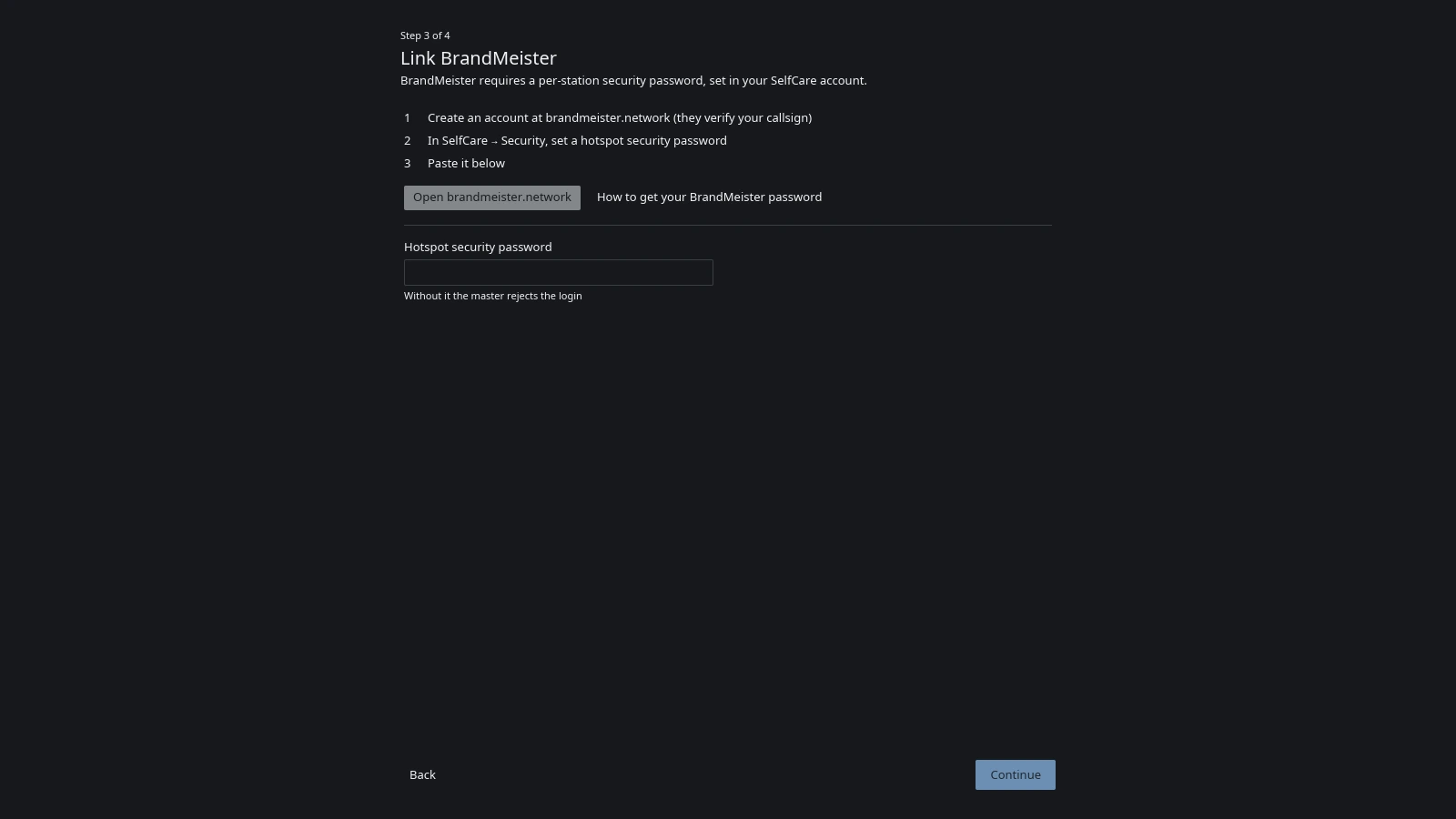 The "Link BrandMeister" step of the VoxDMR desktop setup wizard: a numbered three-step recipe, an "Open brandmeister.network" button beside "How to get your BrandMeister password", and a "Hotspot security password" field under a note that without it the master rejects the login