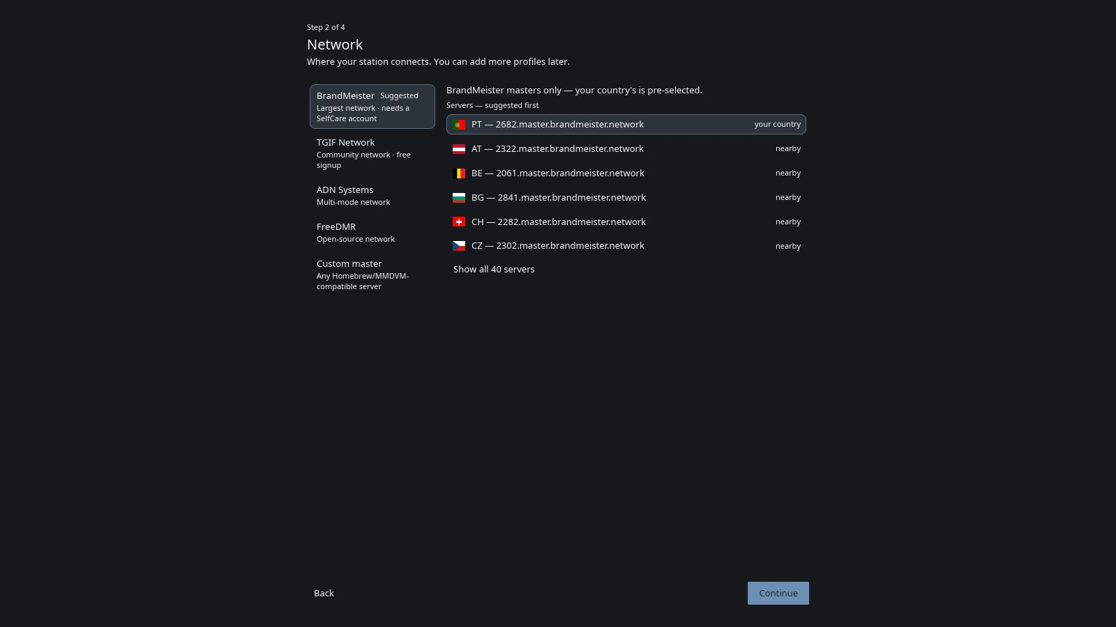 The "Network" step of the VoxDMR desktop setup wizard: a column of networks on the left with BrandMeister selected and tagged "Suggested", and beside it a "Servers — suggested first" list with PT — 2682.master.brandmeister.network tagged "your country" above AT, BE, BG, CH and CZ tagged "nearby", then "Show all 40 servers"