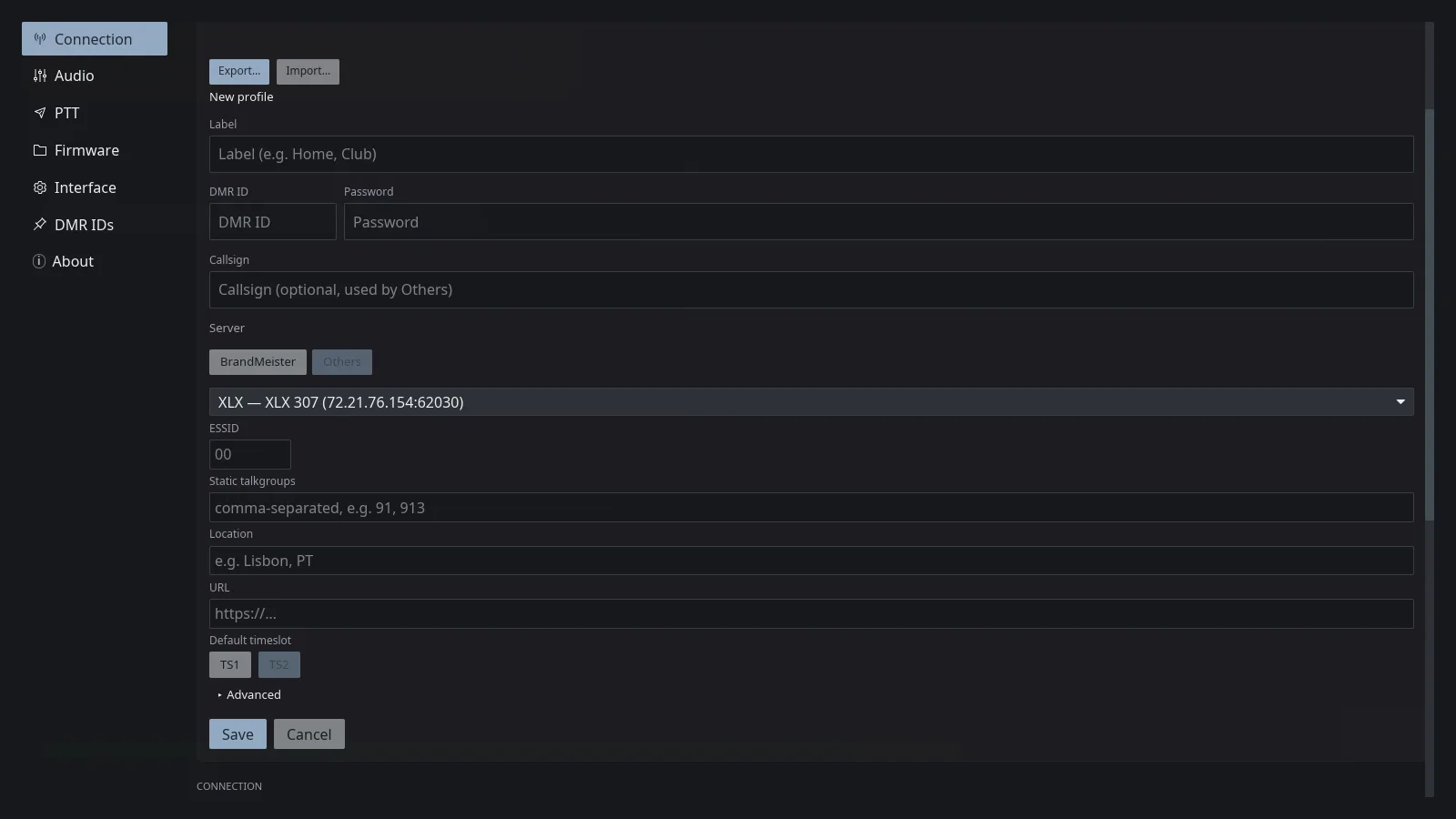 The VoxDMR desktop Add-profile form with the Others protocol selected: Label, DMR ID, Password, and Callsign fields, the BrandMeister/Others buttons, a server dropdown, and the inline ESSID, Static talkgroups, Location, URL, and Default timeslot fields above a collapsed Advanced disclosure