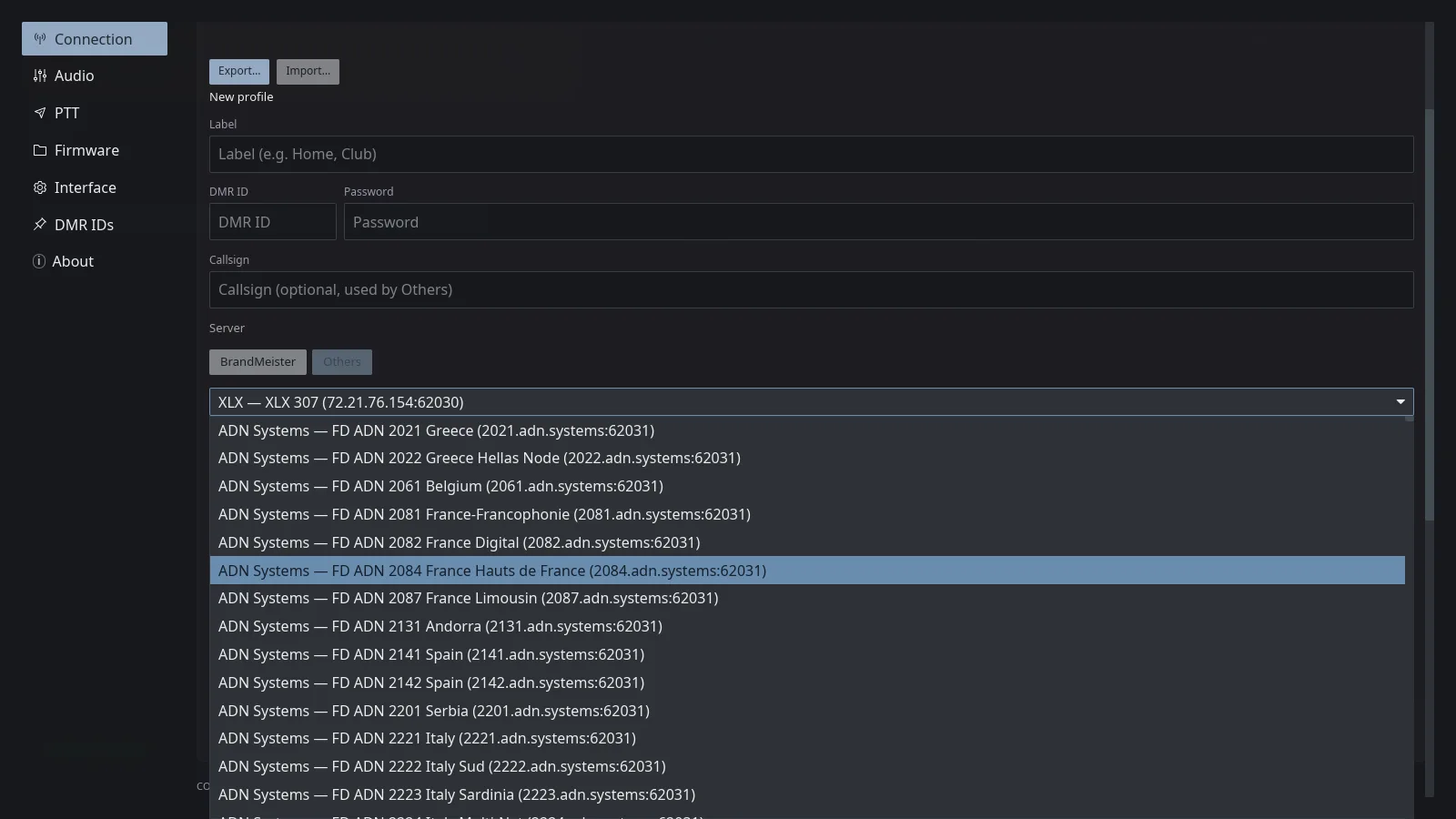 The open Homebrew server dropdown in the VoxDMR desktop profile form: entries grouped by network (ADN Systems — FD ADN 2021 Greece, 2061 Belgium, 2081 France-Francophonie…) each showing their host address