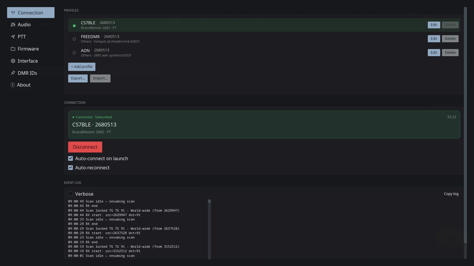 VoxDMR desktop Settings → Connection: a PROFILES card listing saved profiles (each with a radio button, label, DMR ID, protocol and server line, plus Edit and Delete), above the CONNECTION status card and an event log