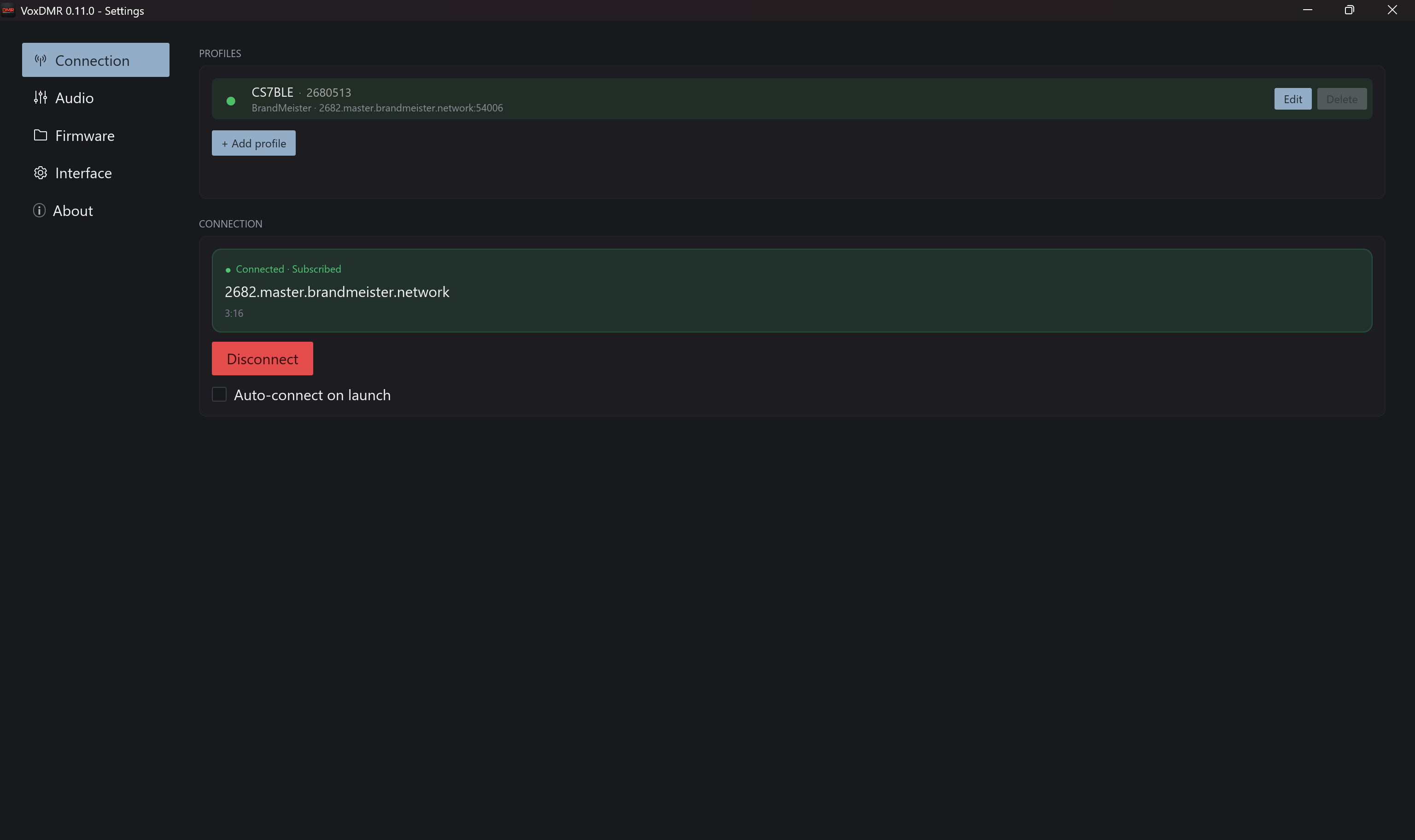 VoxDMR connection settings on desktop showing server profile with DMR master picker