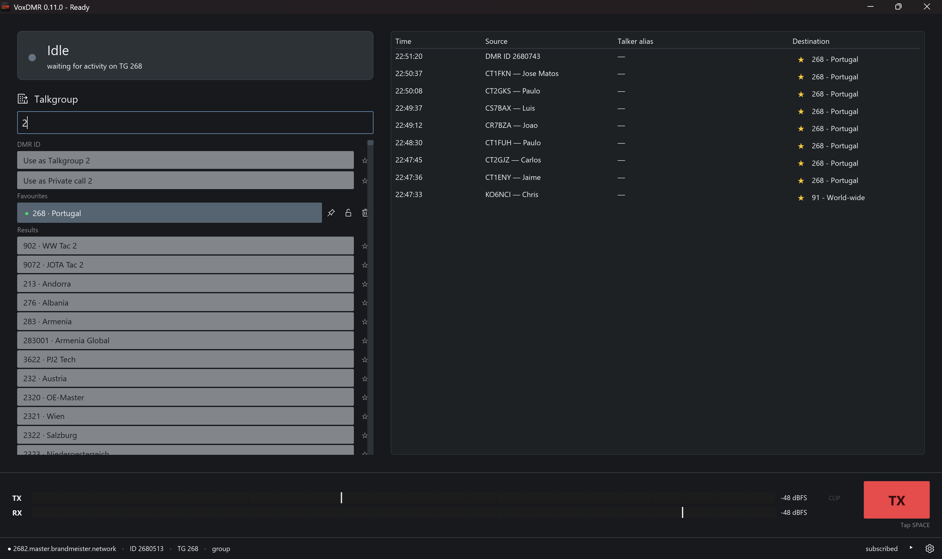 VoxDMR talkgroup browser on desktop with search and live activity indicators