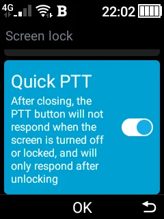 The P50's Screen lock settings page with "Quick PTT" switched on and highlighted, above the firmware's own note: "After closing, the PTT button will not respond when the screen is turned off or locked, and will only respond after unlocking"